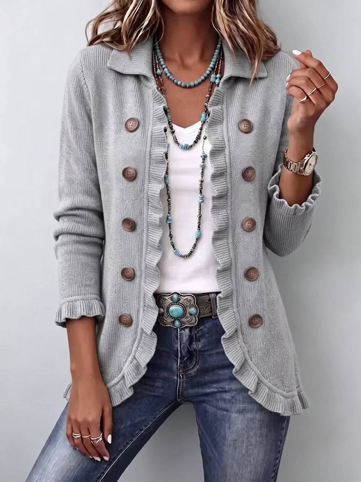 Theodora | Chaqueta de punto acanalado gris jaspeado con volantes