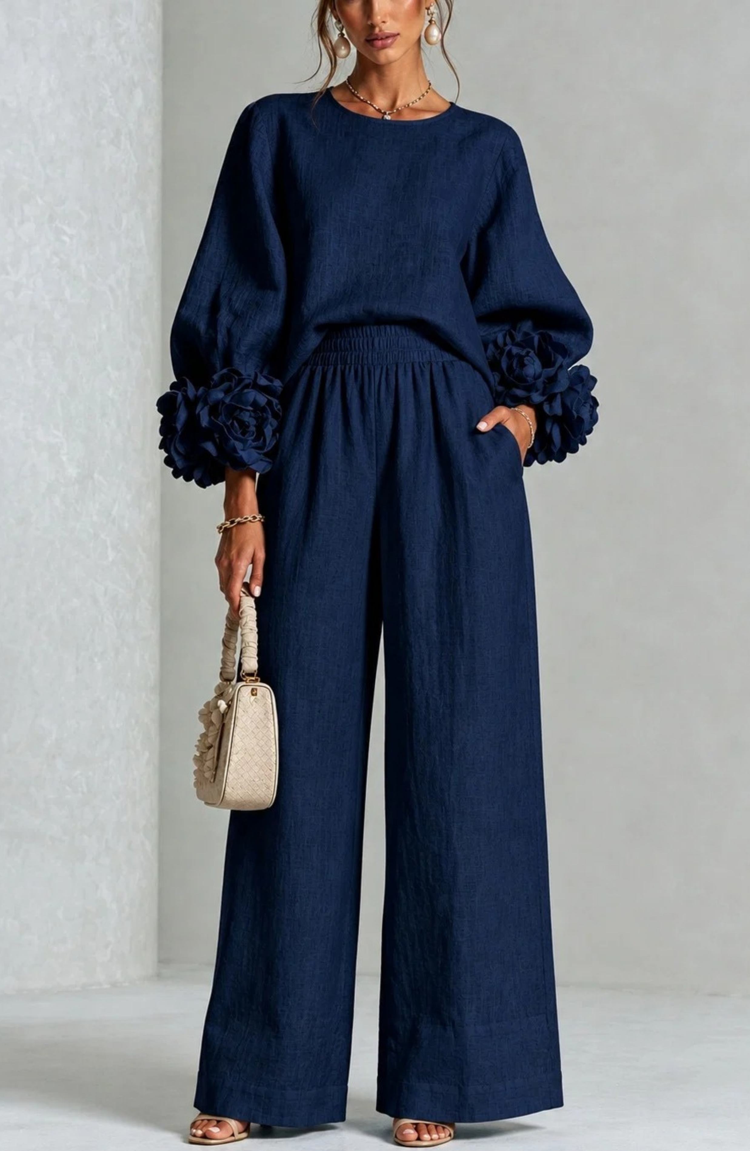 Conjunto de Top de Manga Larga y Pantalón de Pierna Ancha