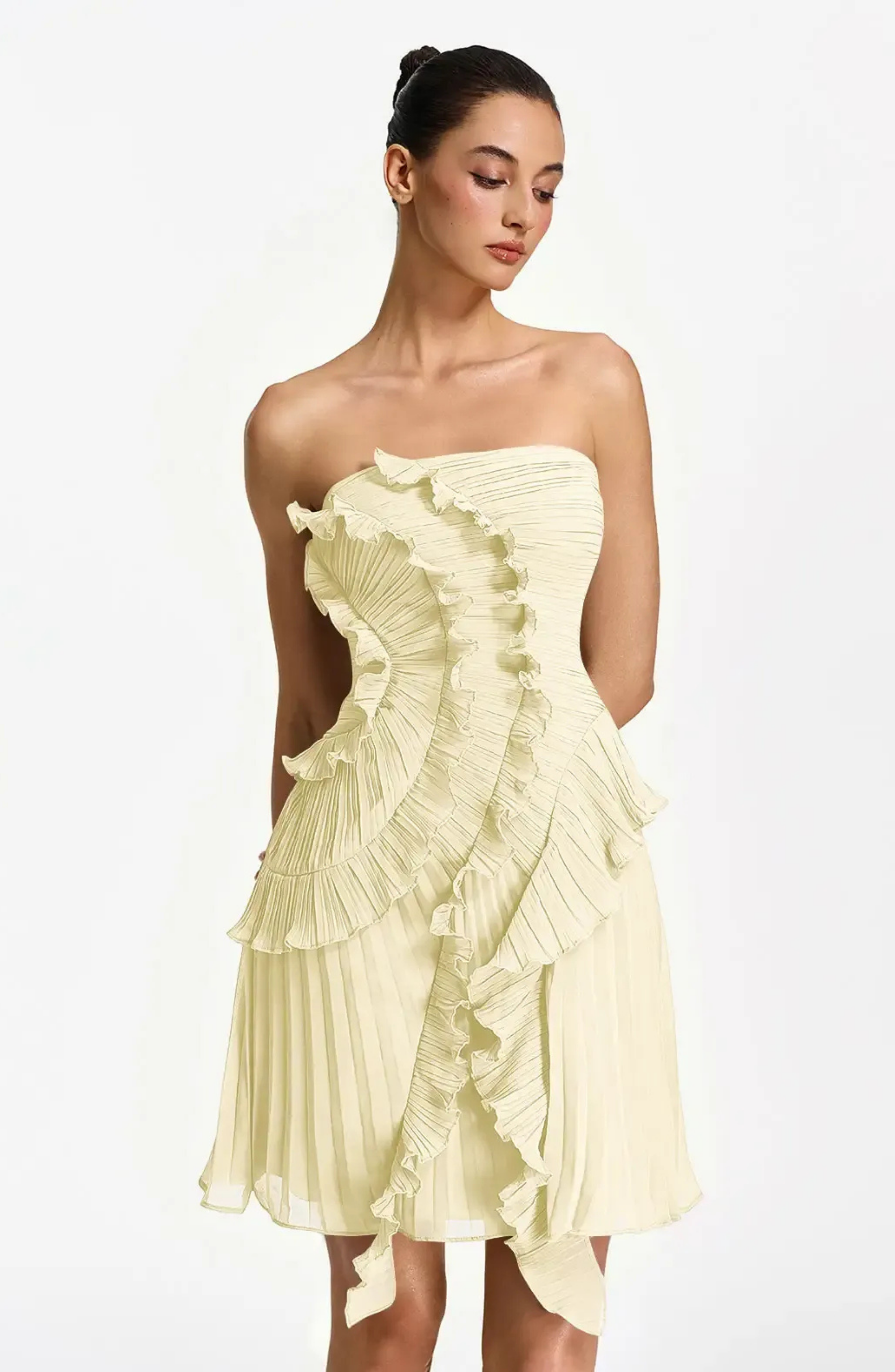 Vestido Corto Palabra de Honor Plisado con Volantes