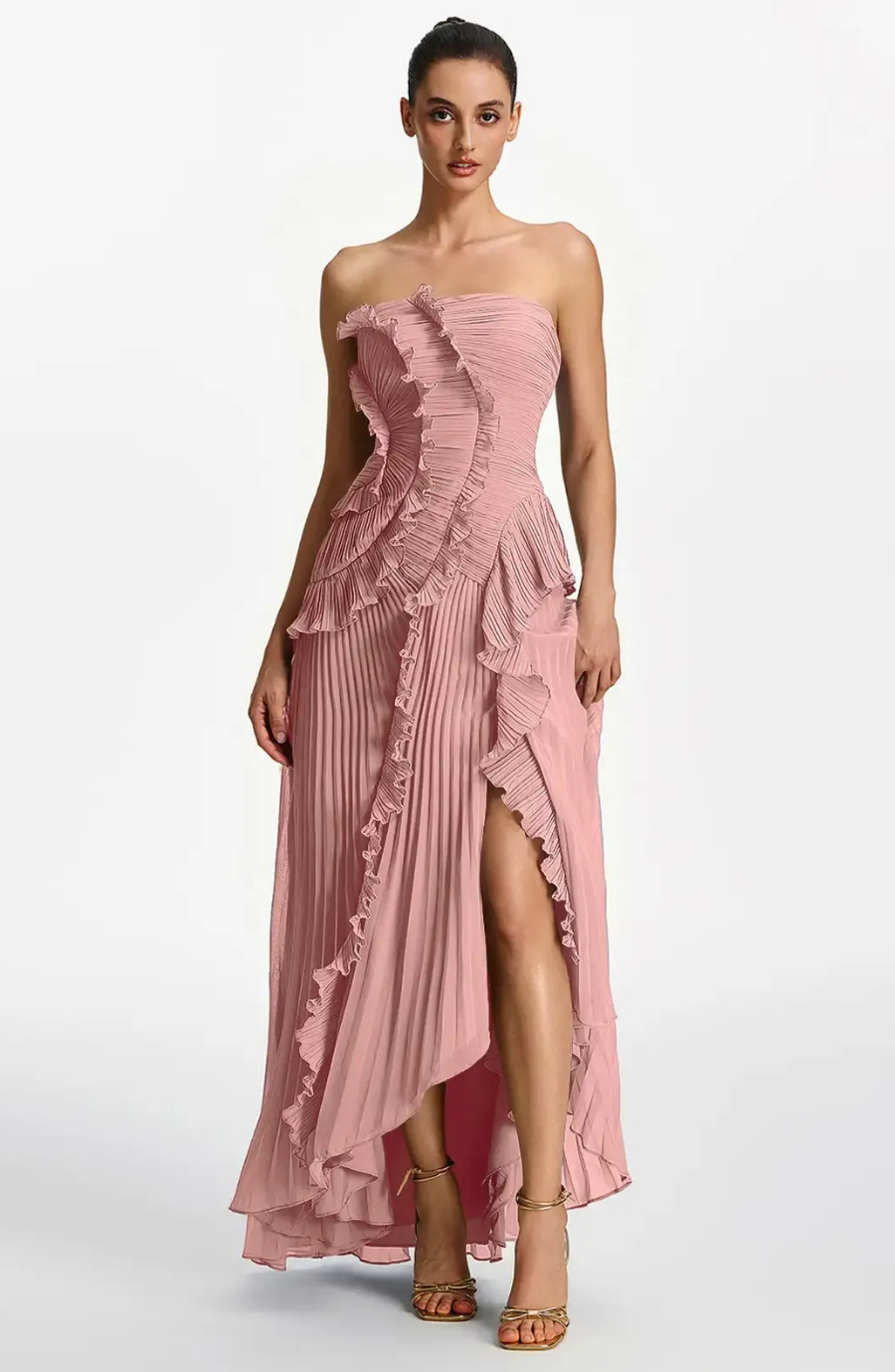 Vestido Largo de Invitada Palabra de Honor Plisado con Volantes