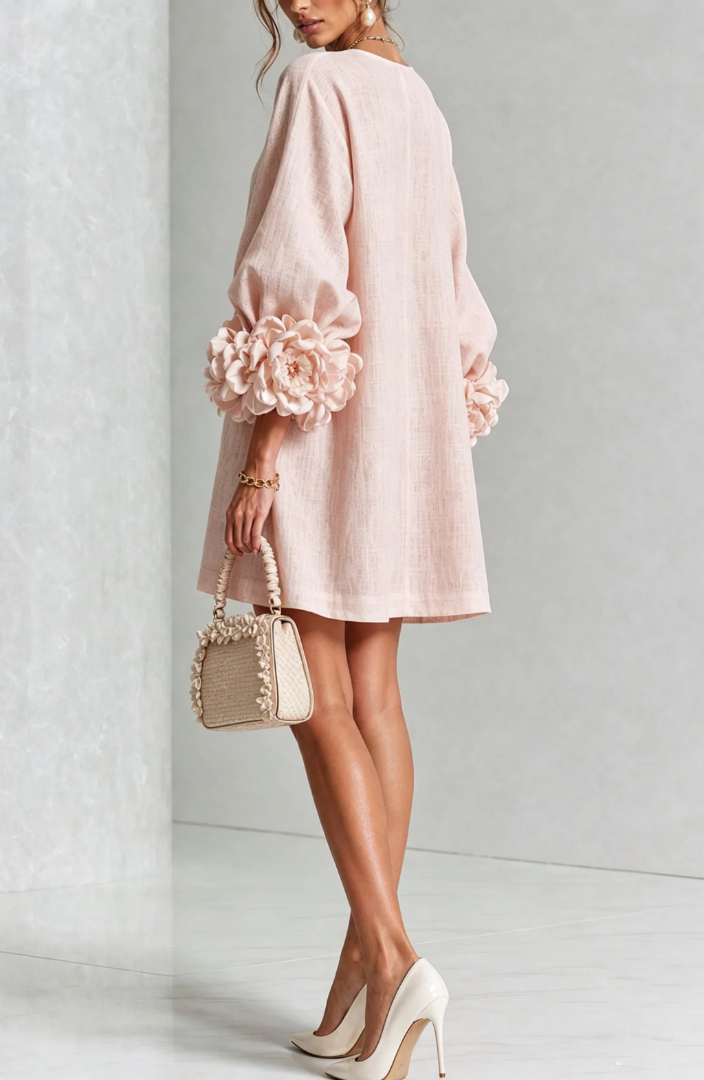 Vestido Corto Abotonado con Mangas de Flores en Relieve