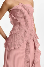 Vestido Largo de Invitada Palabra de Honor Plisado con Volantes