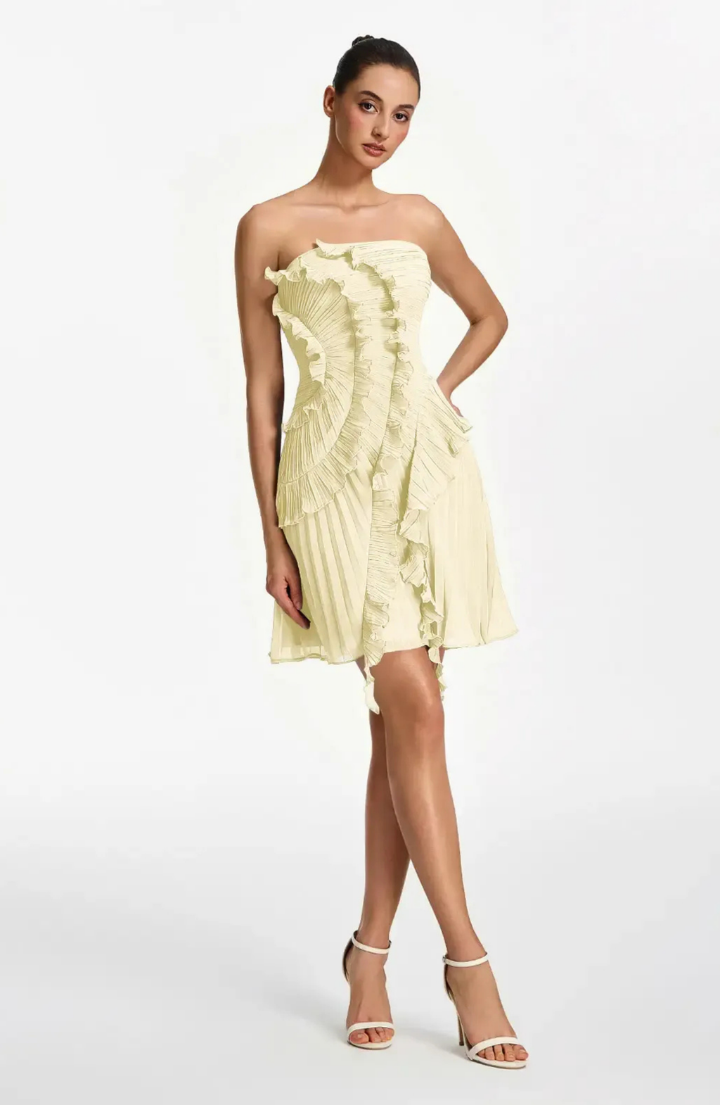 Vestido Corto Palabra de Honor Plisado con Volantes