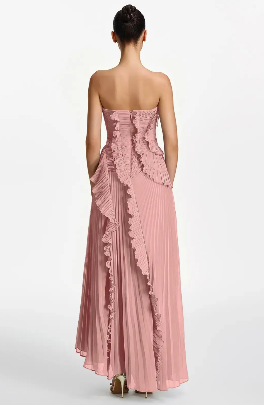 Vestido Largo de Invitada Palabra de Honor Plisado con Volantes