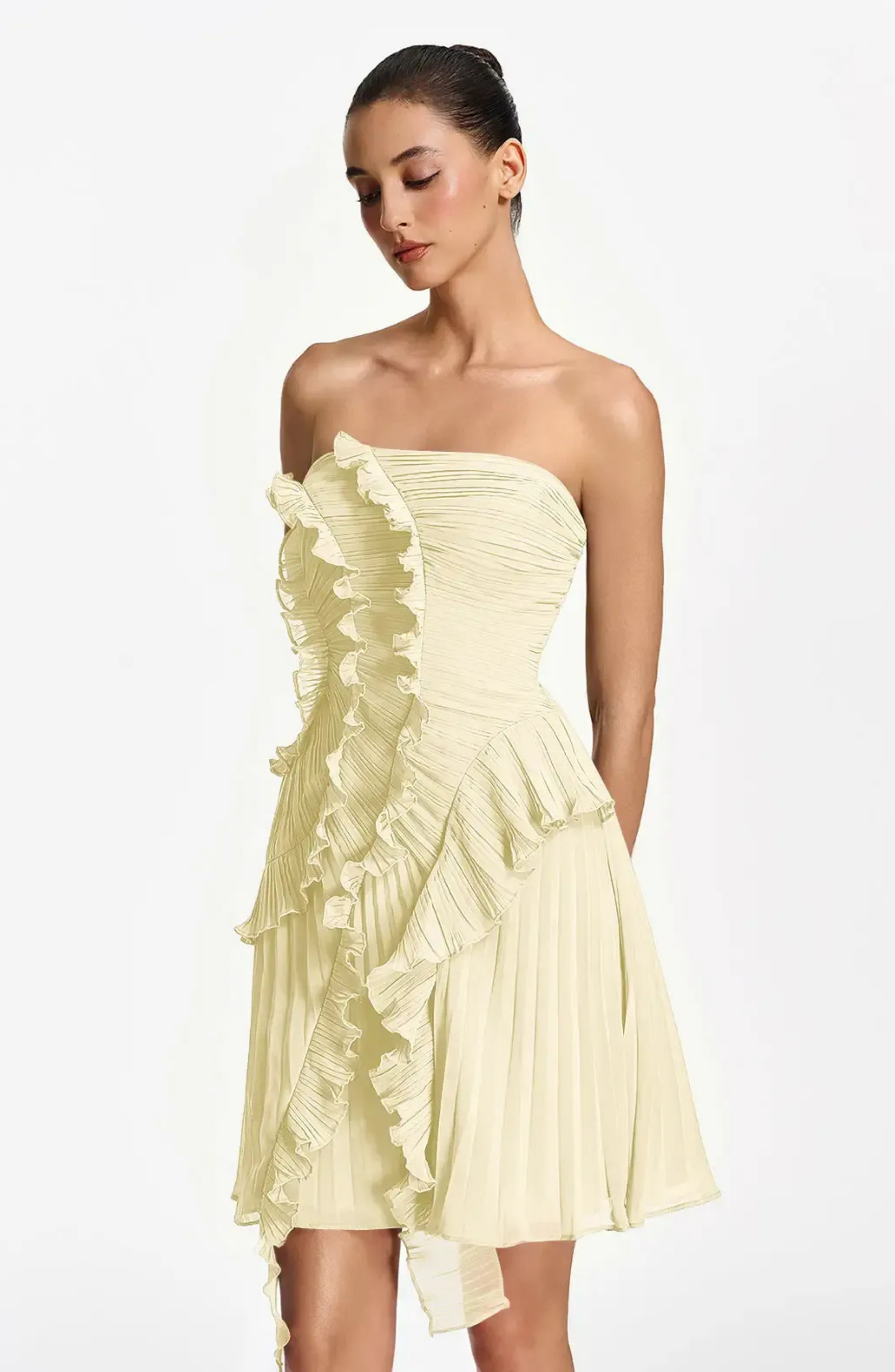 Vestido Corto Palabra de Honor Plisado con Volantes