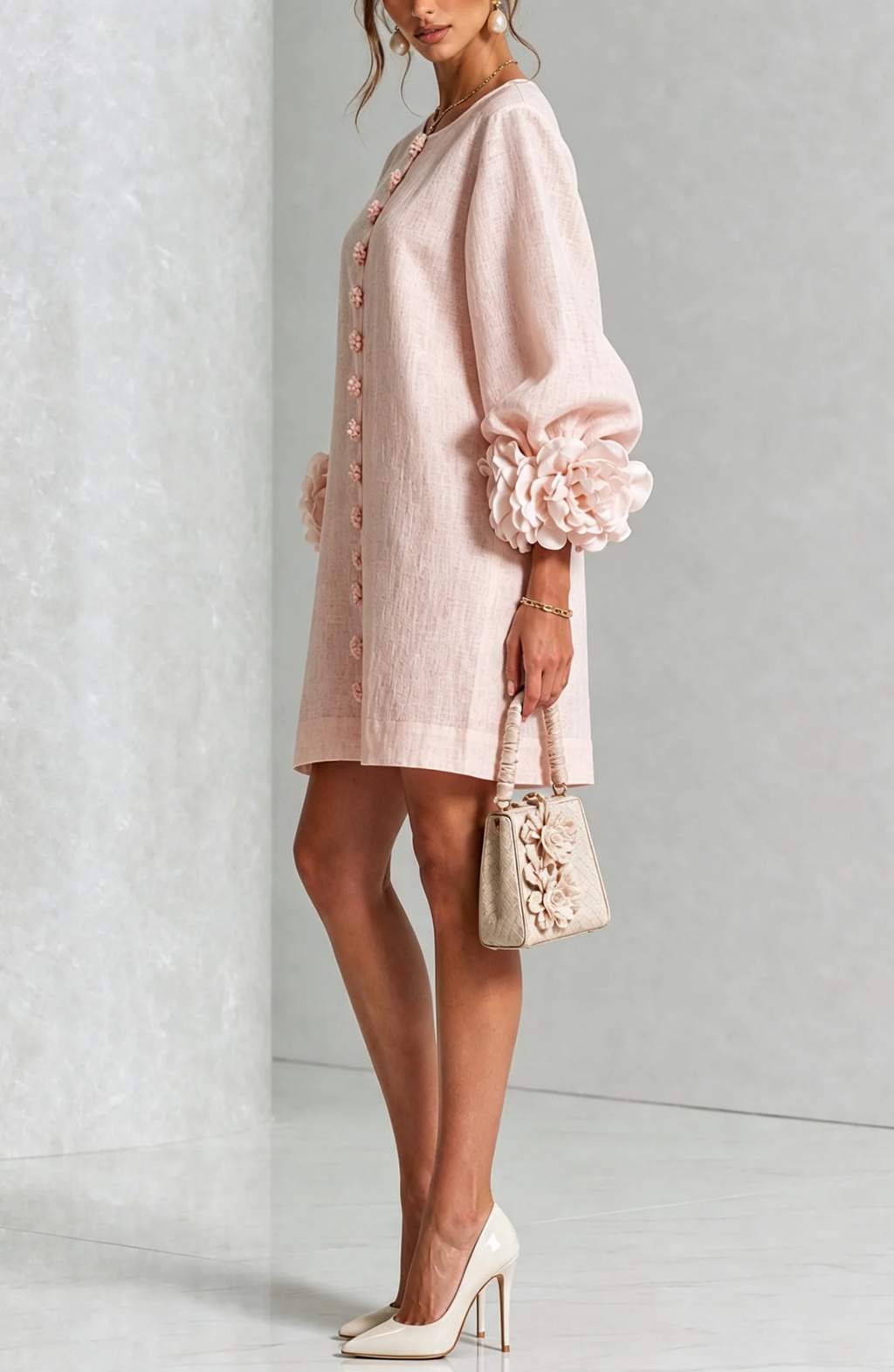 Vestido Corto Abotonado con Mangas de Flores en Relieve