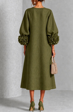 Vestido Midi con Cuello Redondo y Mangas con Apliques Florales