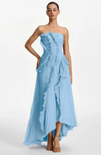 Vestido Largo de Invitada Palabra de Honor Plisado con Volantes