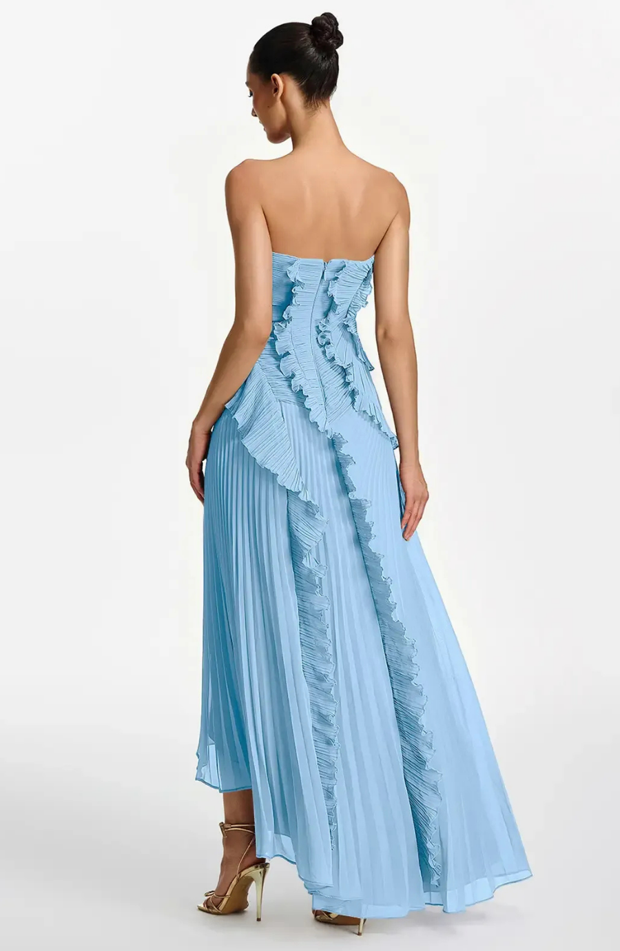 Vestido Largo de Invitada Palabra de Honor Plisado con Volantes