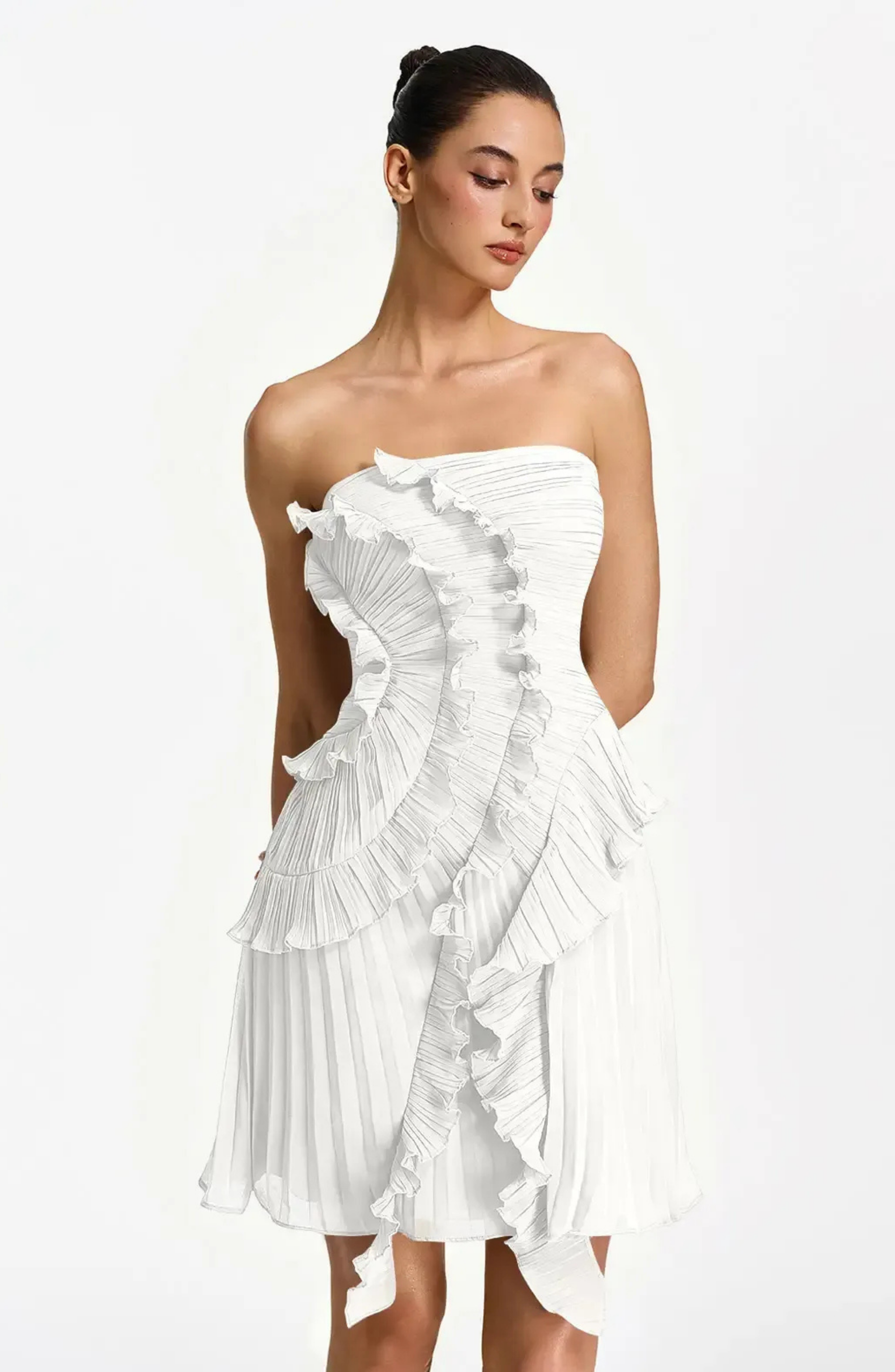 Vestido Corto Palabra de Honor Plisado con Volantes