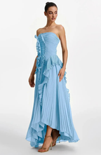 Vestido Largo de Invitada Palabra de Honor Plisado con Volantes
