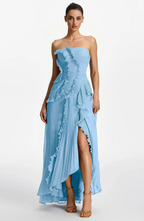 Vestido Largo de Invitada Palabra de Honor Plisado con Volantes