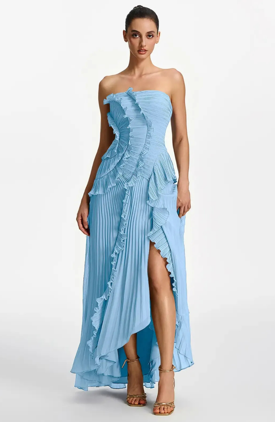 Vestido Largo de Invitada Palabra de Honor Plisado con Volantes