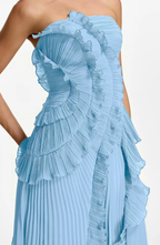 Vestido Largo de Invitada Palabra de Honor Plisado con Volantes