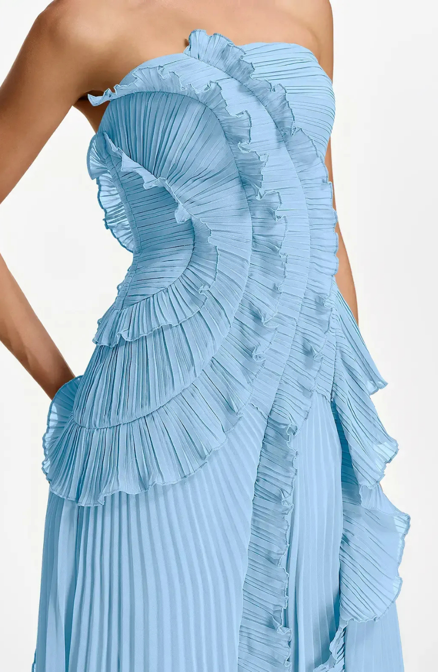 Vestido Largo de Invitada Palabra de Honor Plisado con Volantes