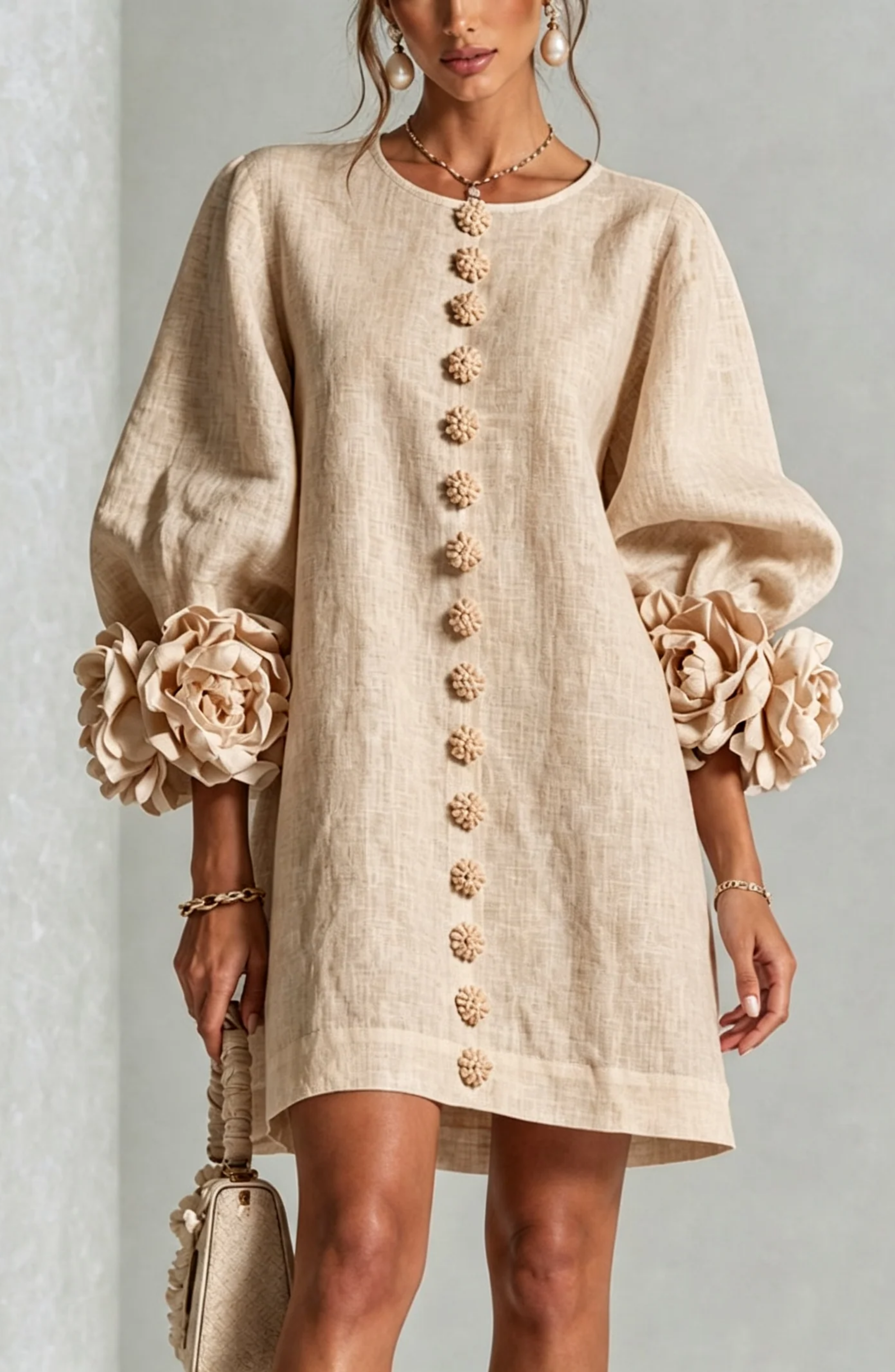 Vestido Corto Abotonado con Mangas de Flores en Relieve
