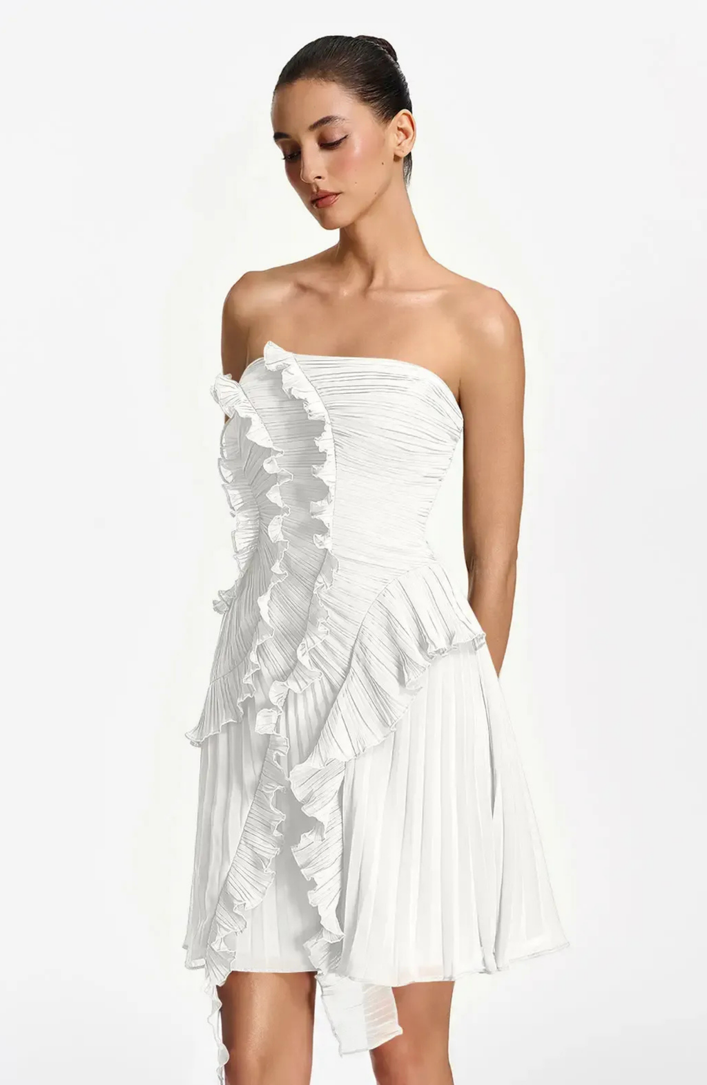 Vestido Corto Palabra de Honor Plisado con Volantes