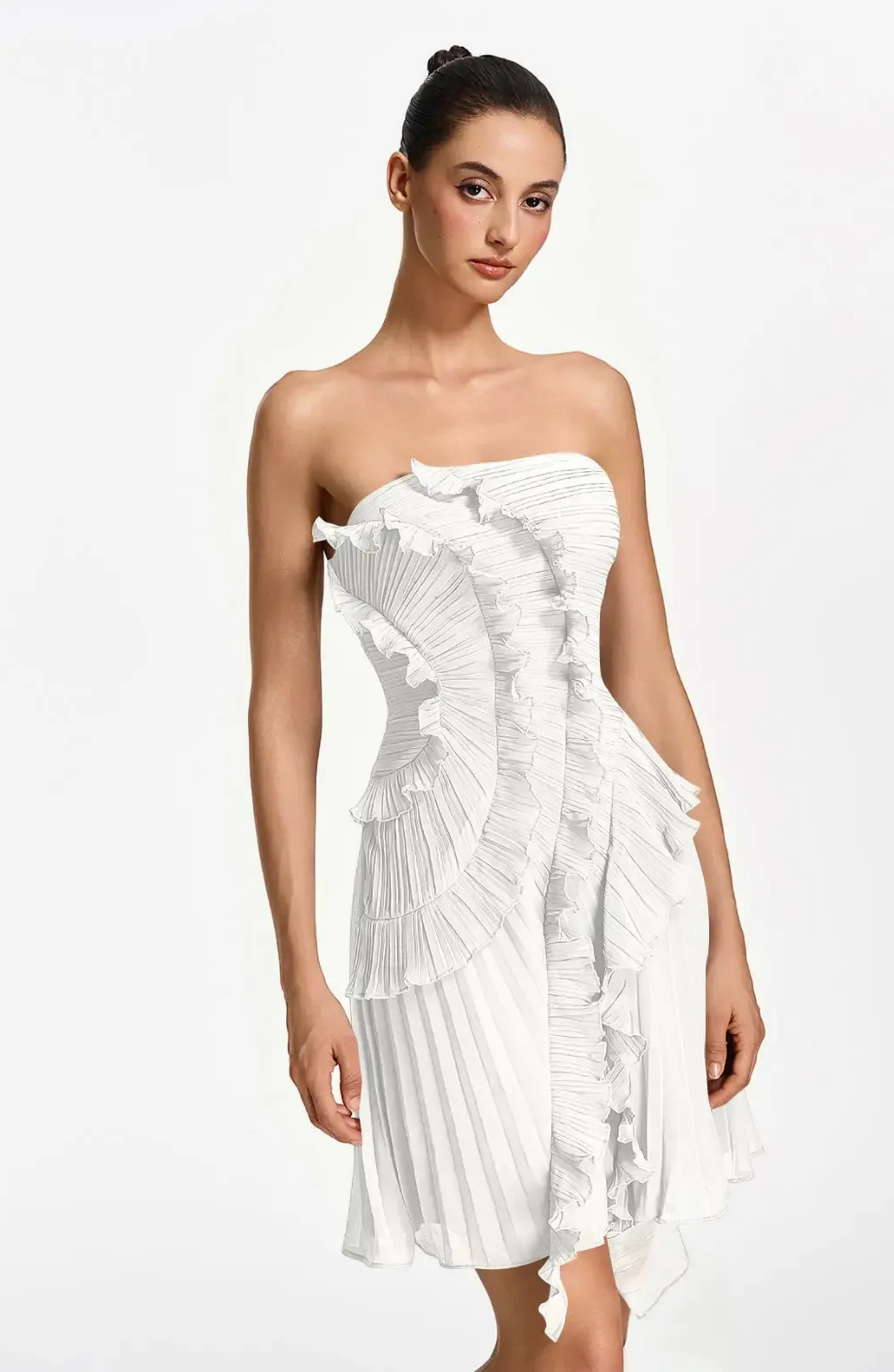 Vestido Corto Palabra de Honor Plisado con Volantes