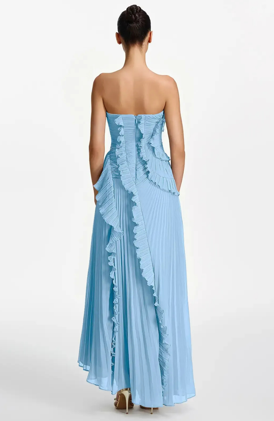 Vestido Largo de Invitada Palabra de Honor Plisado con Volantes