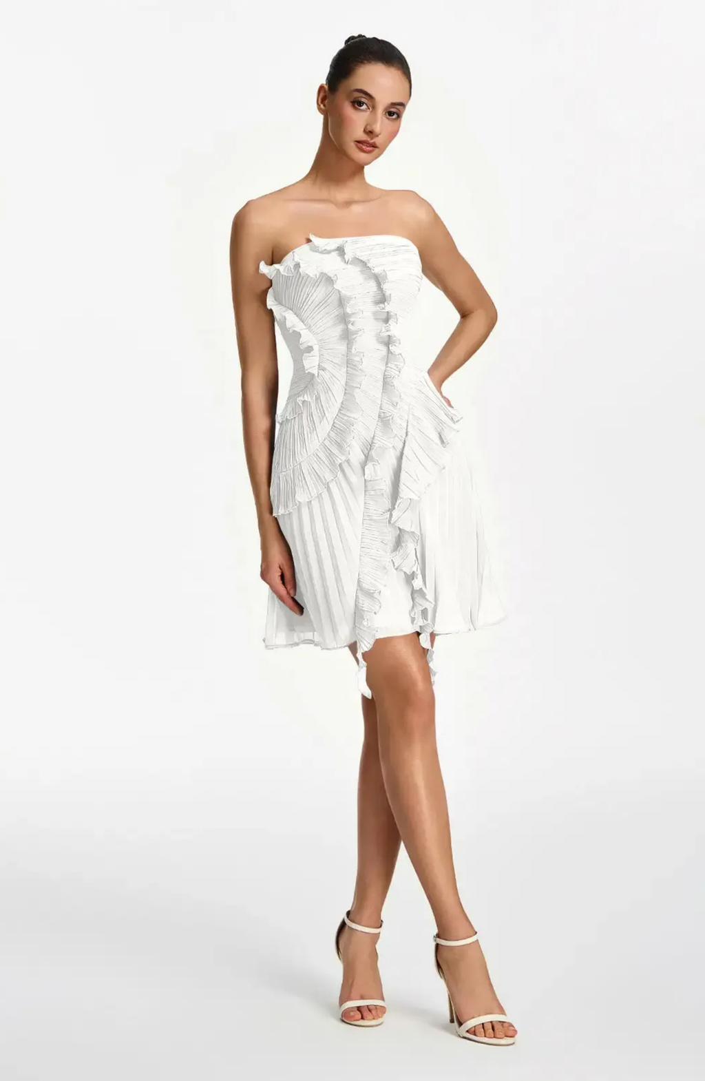 Vestido Corto Palabra de Honor Plisado con Volantes