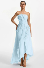 Vestido Largo de Invitada Palabra de Honor Plisado con Volantes