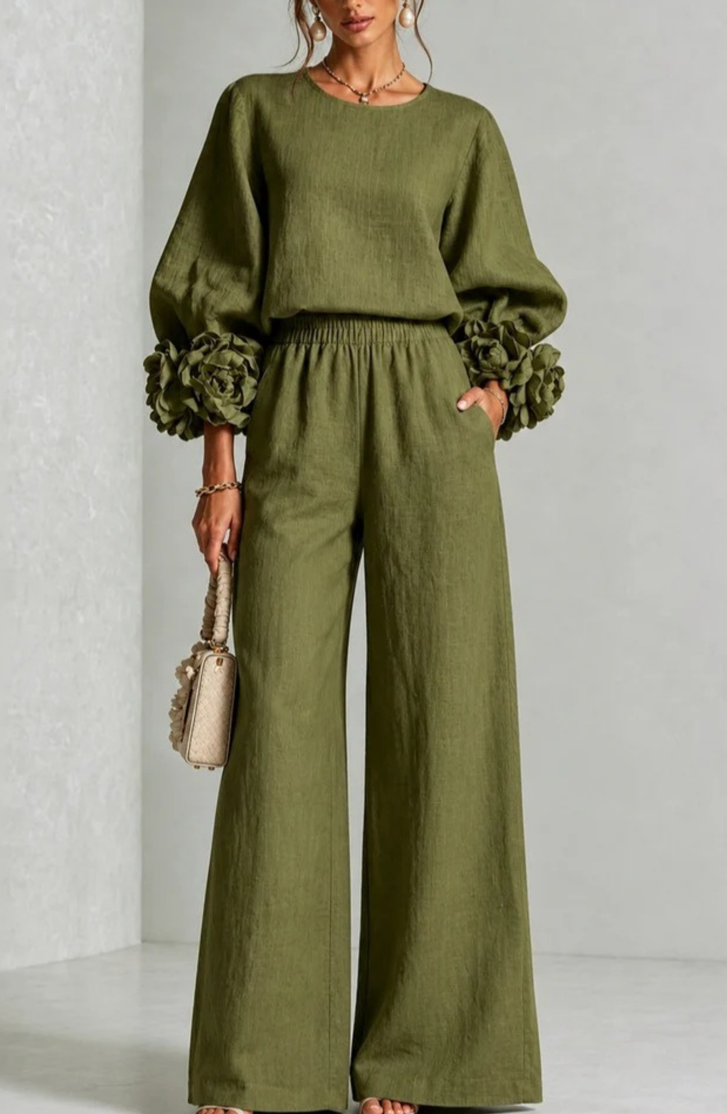 Conjunto de Top de Manga Larga y Pantalón de Pierna Ancha