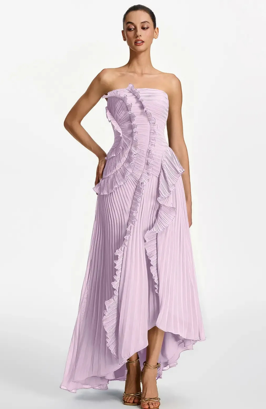 Vestido Largo de Invitada Palabra de Honor Plisado con Volantes