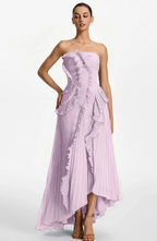 Vestido Largo de Invitada Palabra de Honor Plisado con Volantes