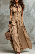Vestido Largo Casual Abotonado con Escote en V
