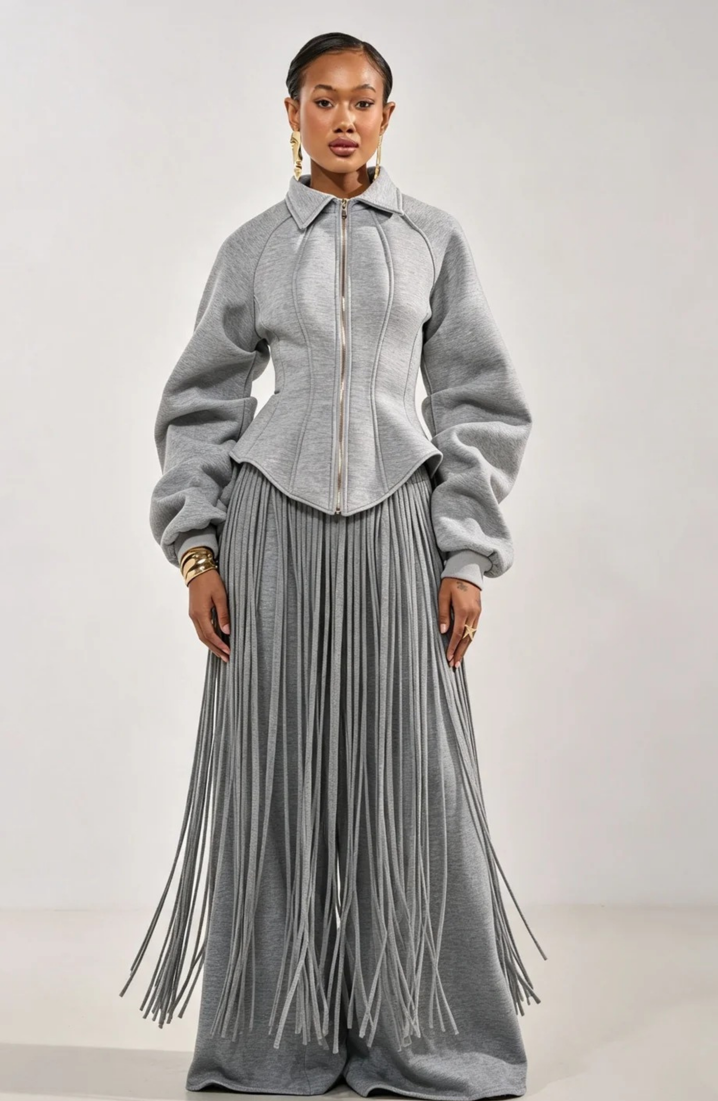 Conjunto de Chaqueta con Cremallera y Pantalón de Pierna Ancha