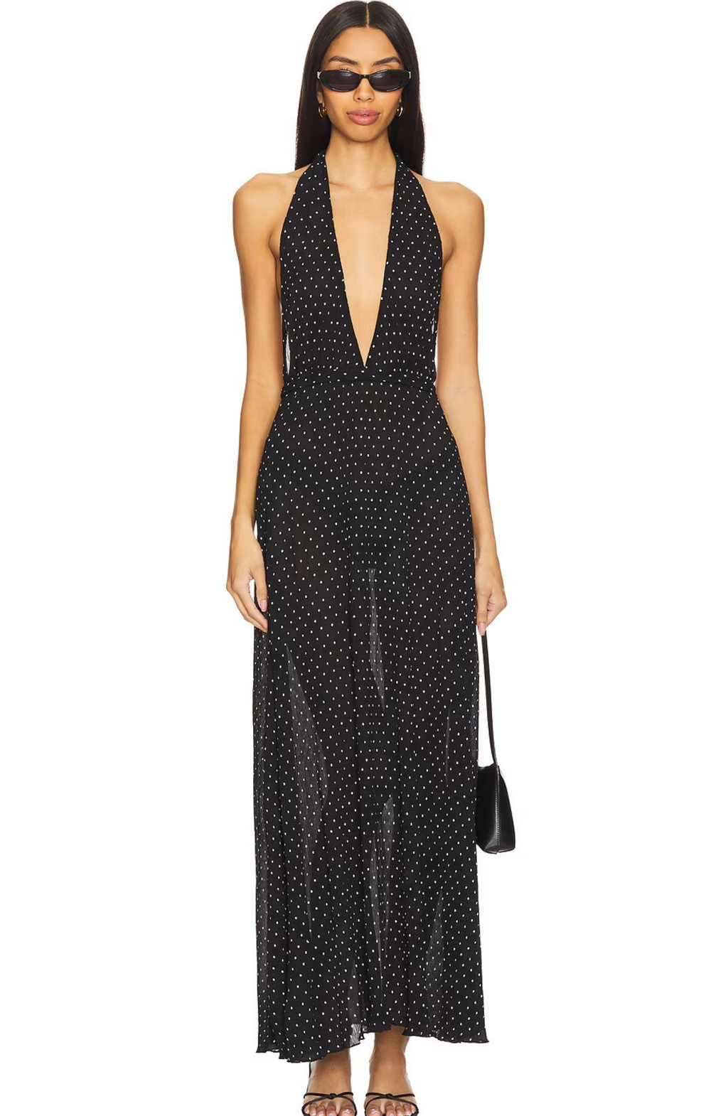 Vestido Largo de Lunares con Cuello Halter y Escote en V Profundo