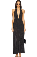 Vestido Largo de Lunares con Cuello Halter y Escote en V Profundo