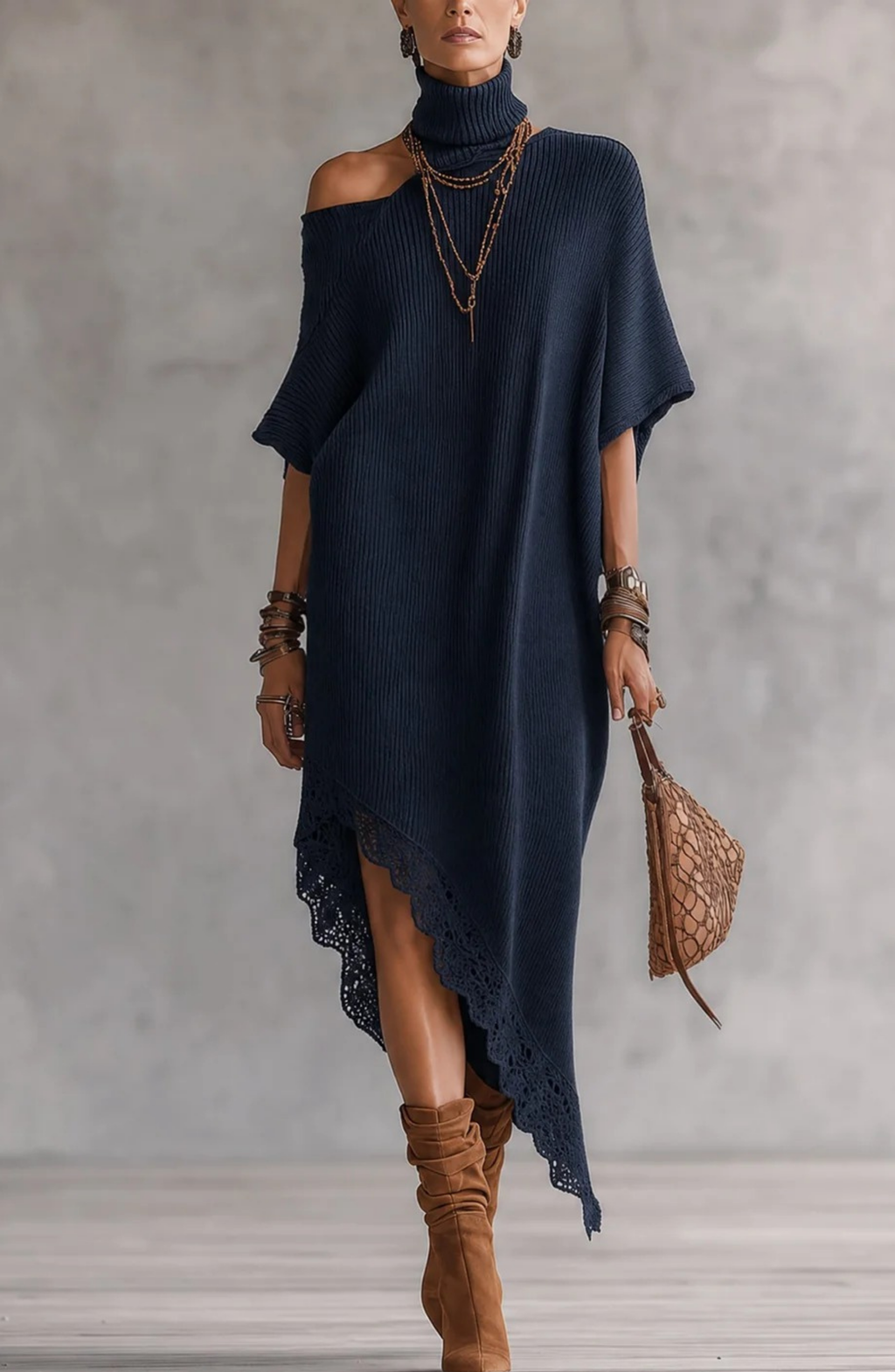 Vestido de Punto Drapeado con Cuello Alto y Hombros Descubiertos