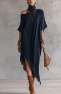 Vestido de Punto Drapeado con Cuello Alto y Hombros Descubiertos