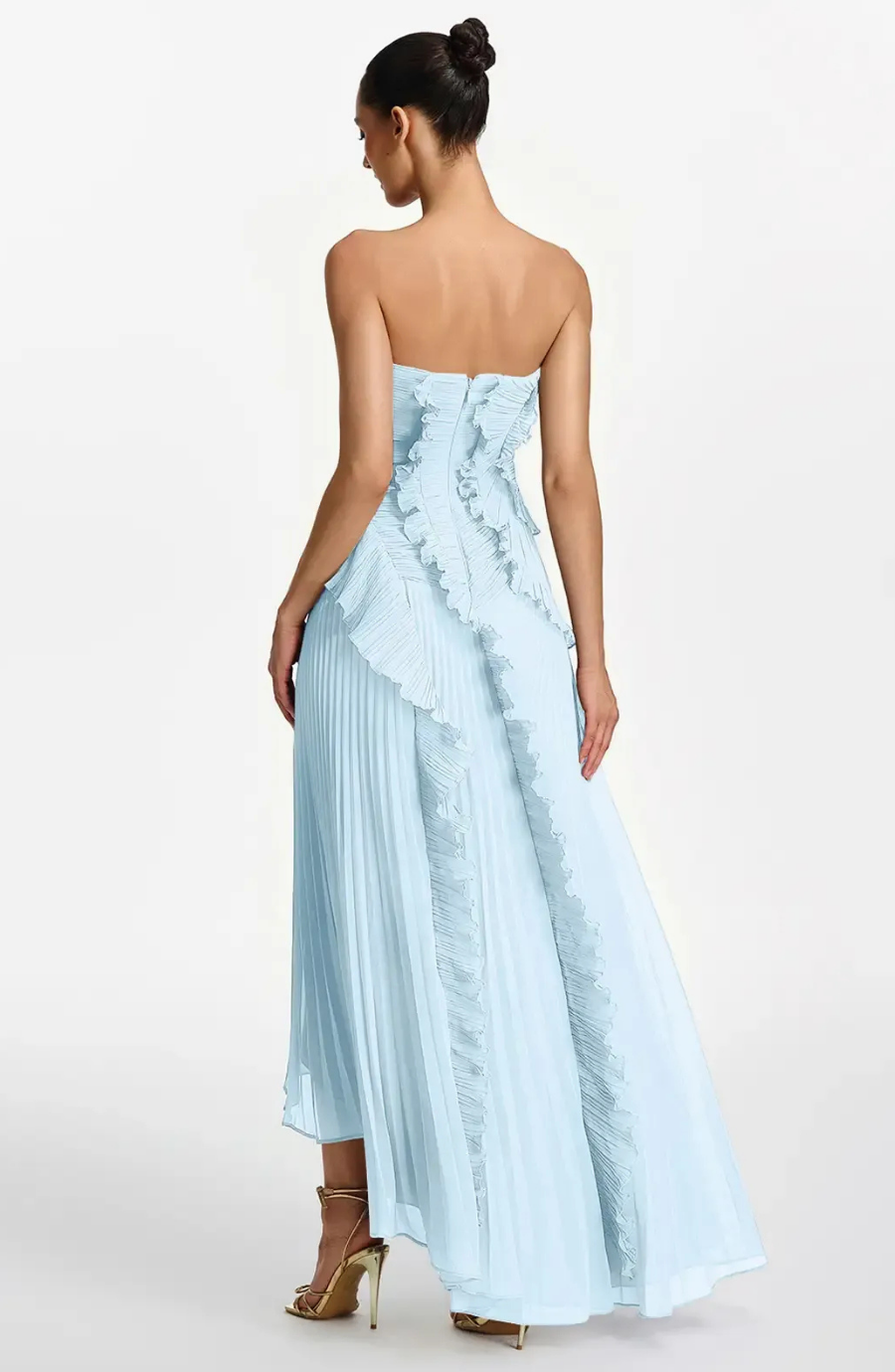 Vestido Largo de Invitada Palabra de Honor Plisado con Volantes