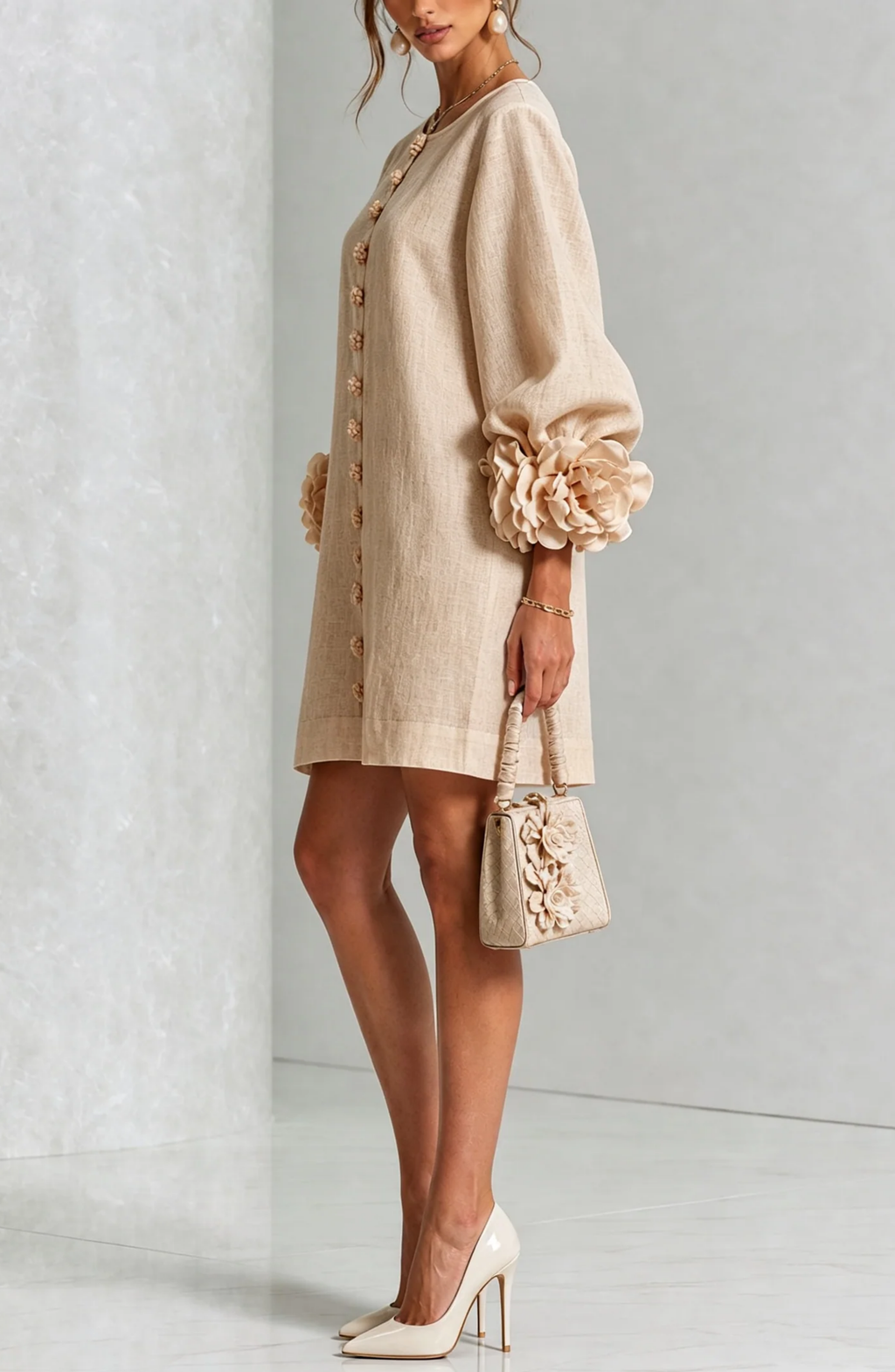 Vestido Corto Abotonado con Mangas de Flores en Relieve