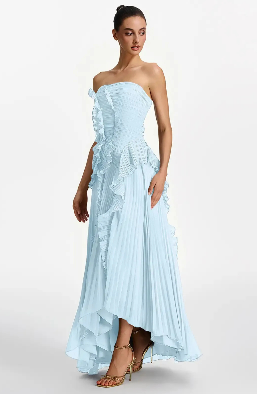 Vestido Largo de Invitada Palabra de Honor Plisado con Volantes