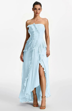 Vestido Largo de Invitada Palabra de Honor Plisado con Volantes