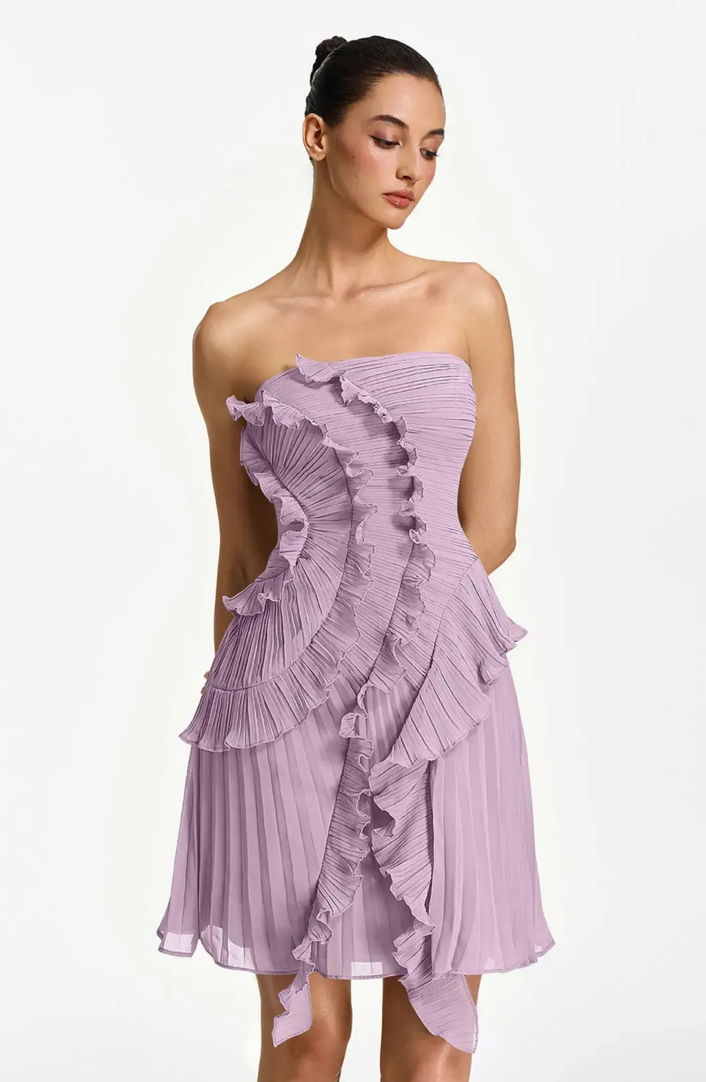 Vestido Corto Palabra de Honor Plisado con Volantes