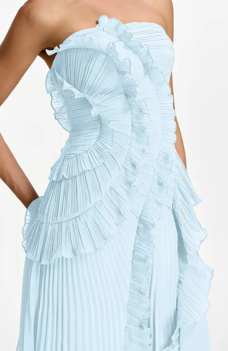 Vestido Largo de Invitada Palabra de Honor Plisado con Volantes