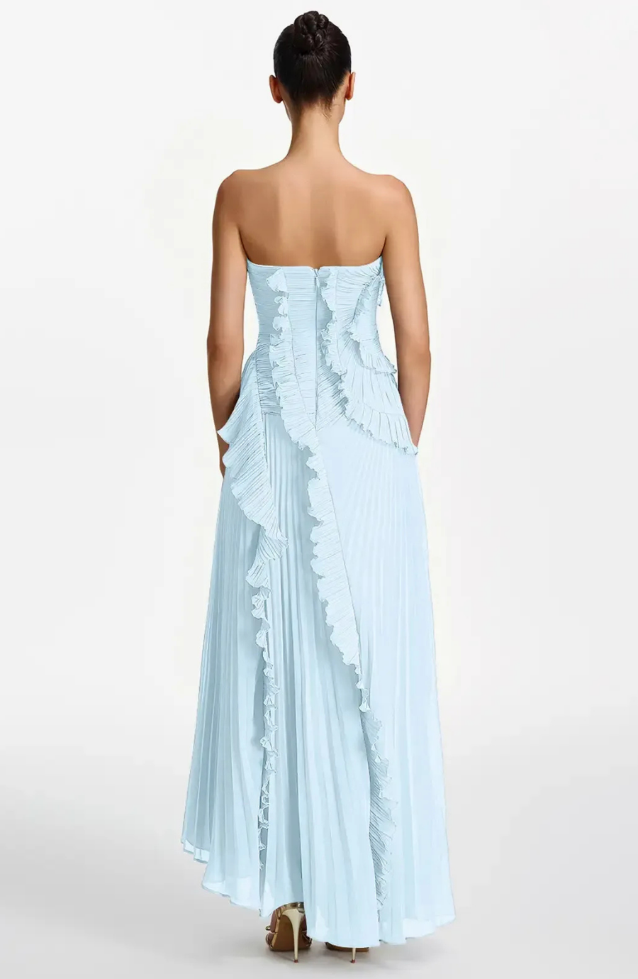 Vestido Largo de Invitada Palabra de Honor Plisado con Volantes