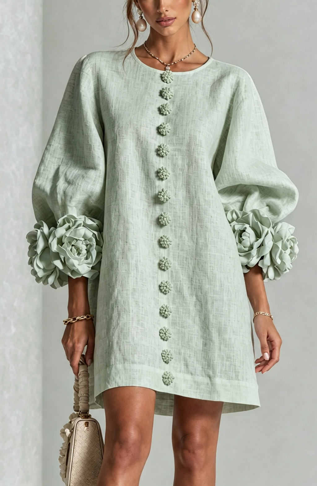 Vestido Corto Abotonado con Mangas de Flores en Relieve