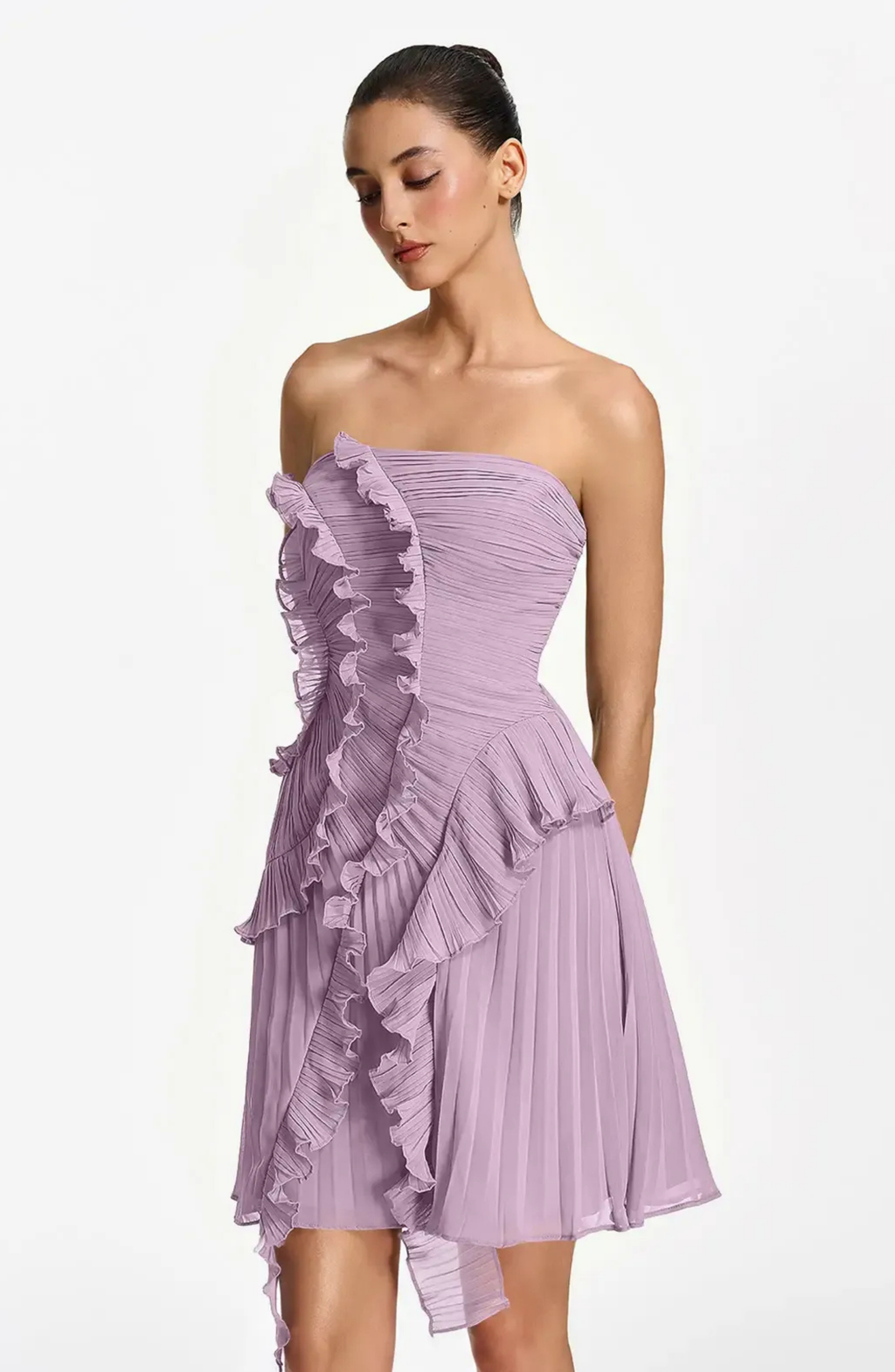Vestido Corto Palabra de Honor Plisado con Volantes