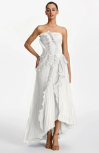 Vestido Largo de Invitada Palabra de Honor Plisado con Volantes
