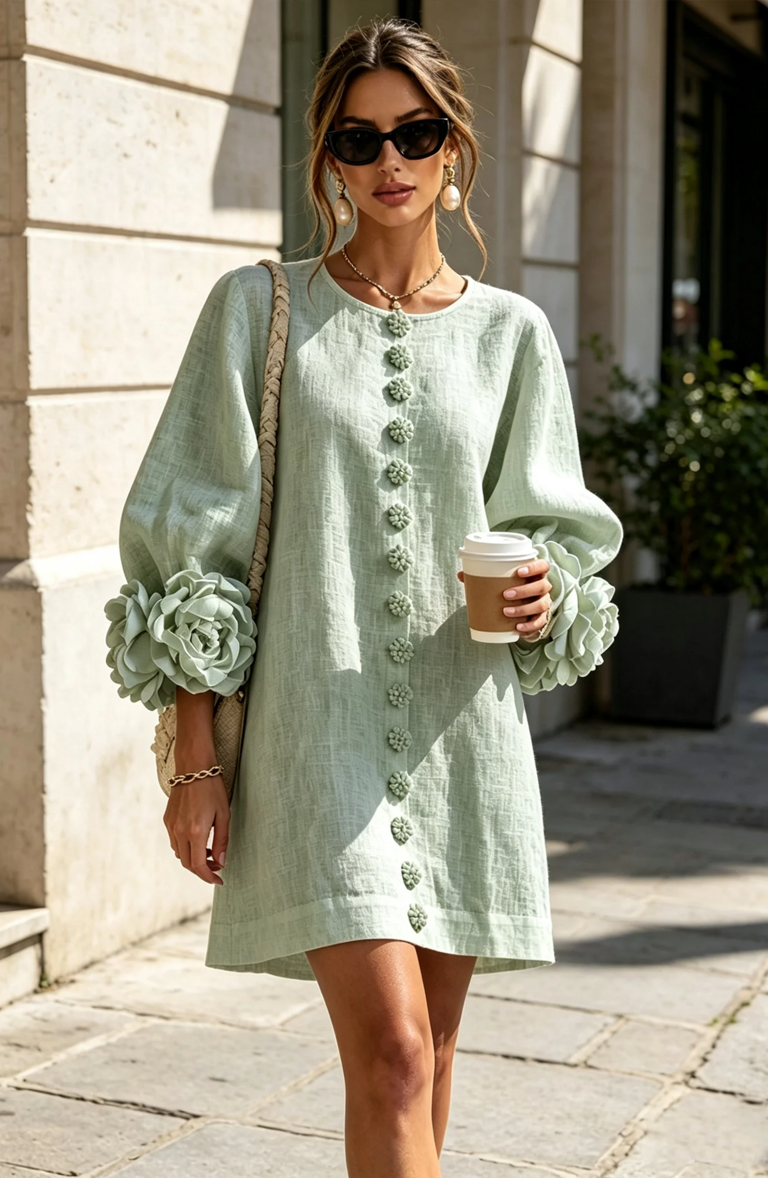 Vestido Corto Abotonado con Mangas de Flores en Relieve
