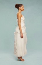 Vestido Largo Plisado con Cuello Halter y Bajo Asimétrico