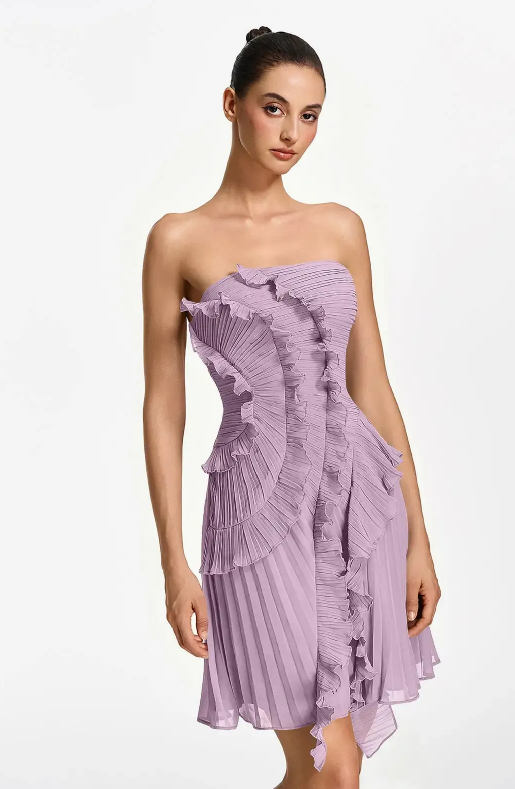 Vestido Corto Palabra de Honor Plisado con Volantes