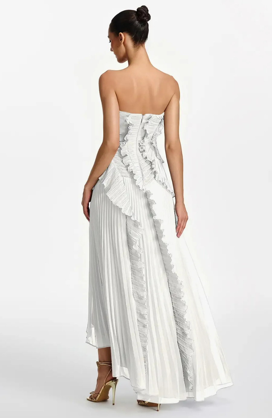 Vestido Largo de Invitada Palabra de Honor Plisado con Volantes
