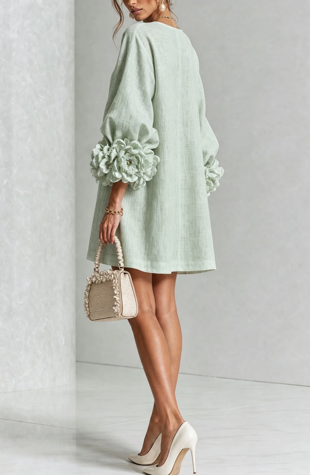 Vestido Corto Abotonado con Mangas de Flores en Relieve