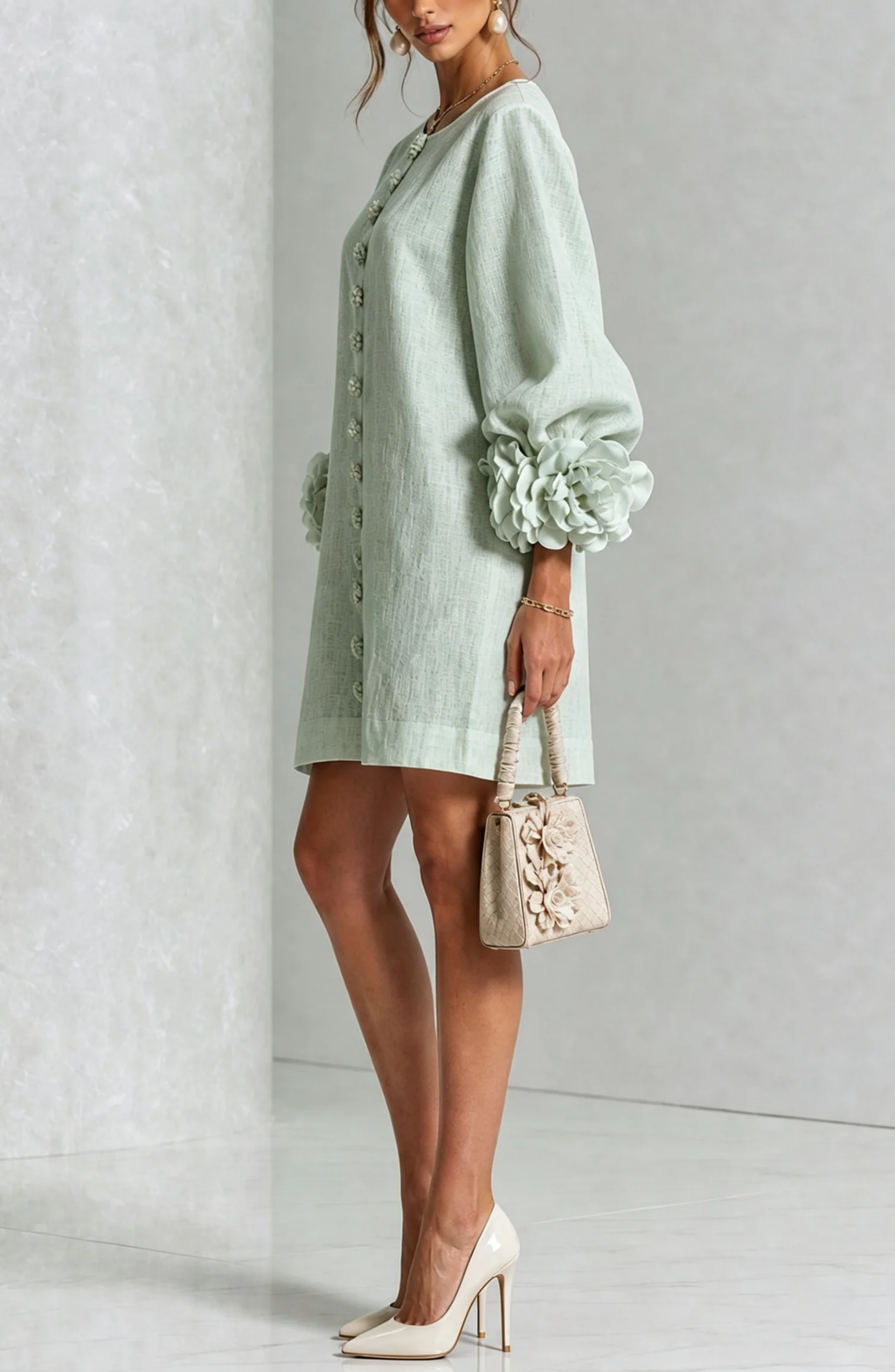 Vestido Corto Abotonado con Mangas de Flores en Relieve